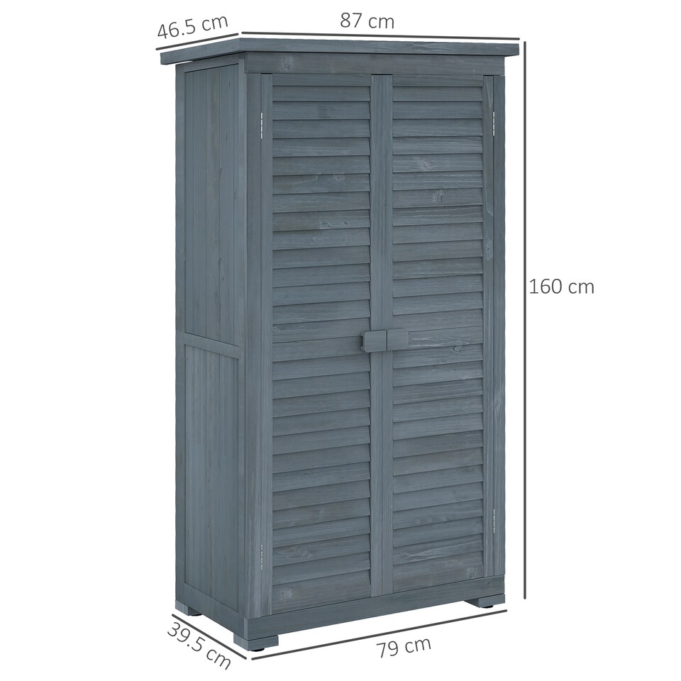 image 1 of Outsunny Small Shed, Wooden Garden Storage Shed, 3 Shelves Outdoor Tool Shed Cabinet with Asphalt Roof and Shutter Doors, 87cm x 47cm x 160cm, Grey | Grey | 1