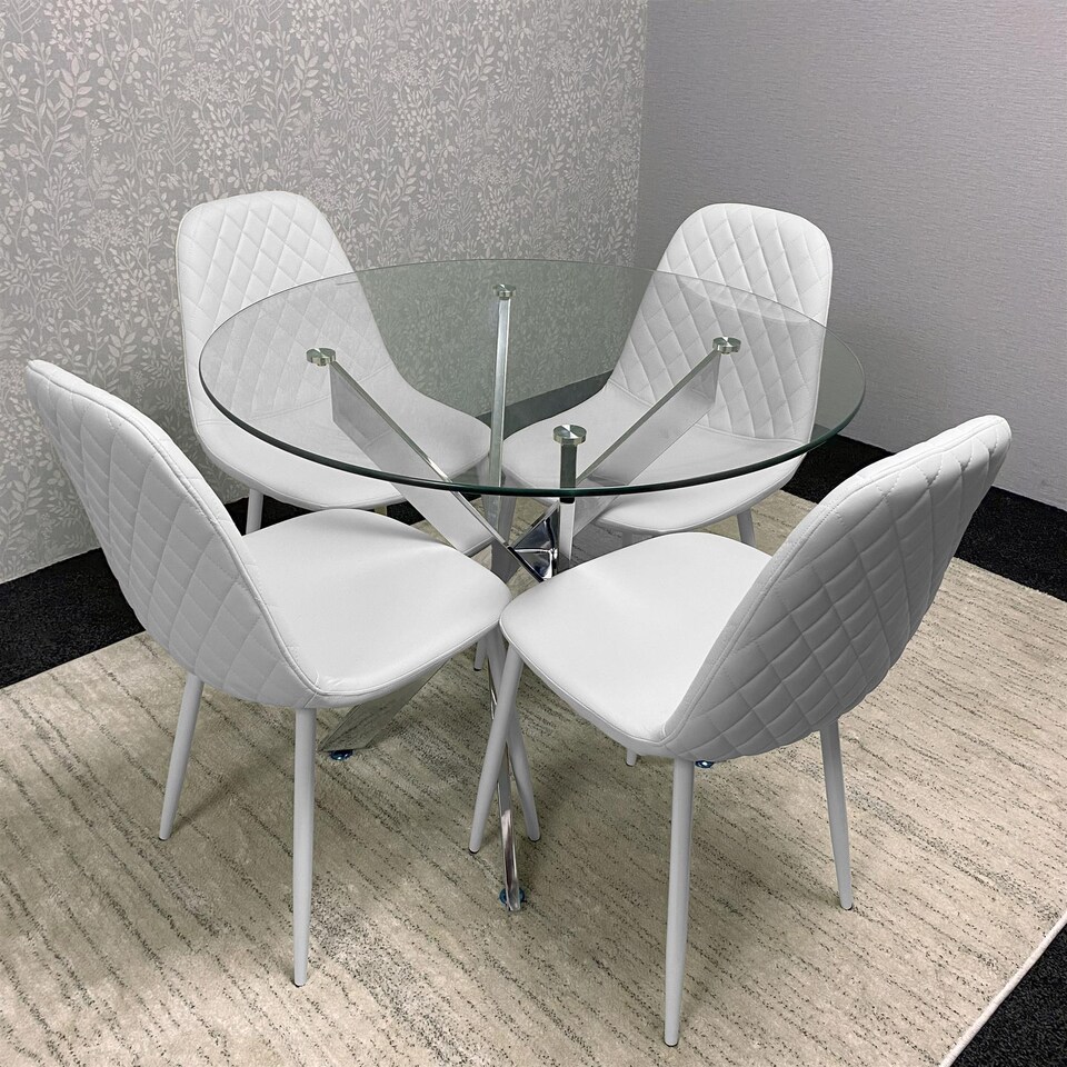image 1 of Round Glass Dining Table with 4 White Faux Leather Kitchen Chairs