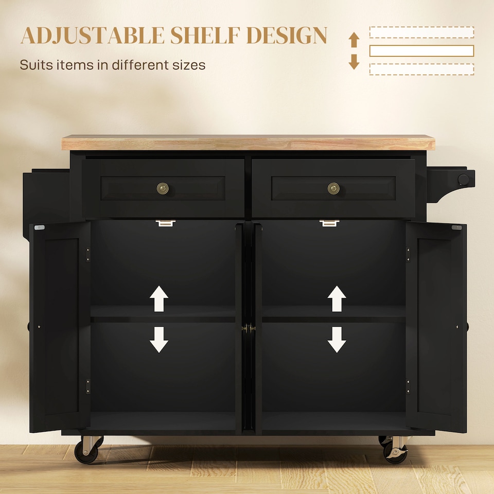 image 1 of HOMCOM Kitchen Island on Wheels, Rolling Kitchen Storage Trolley with Rubber Wood Top, Drawers, Adjustable Shelves, Towel and Spice Rack for Dining Room, Black