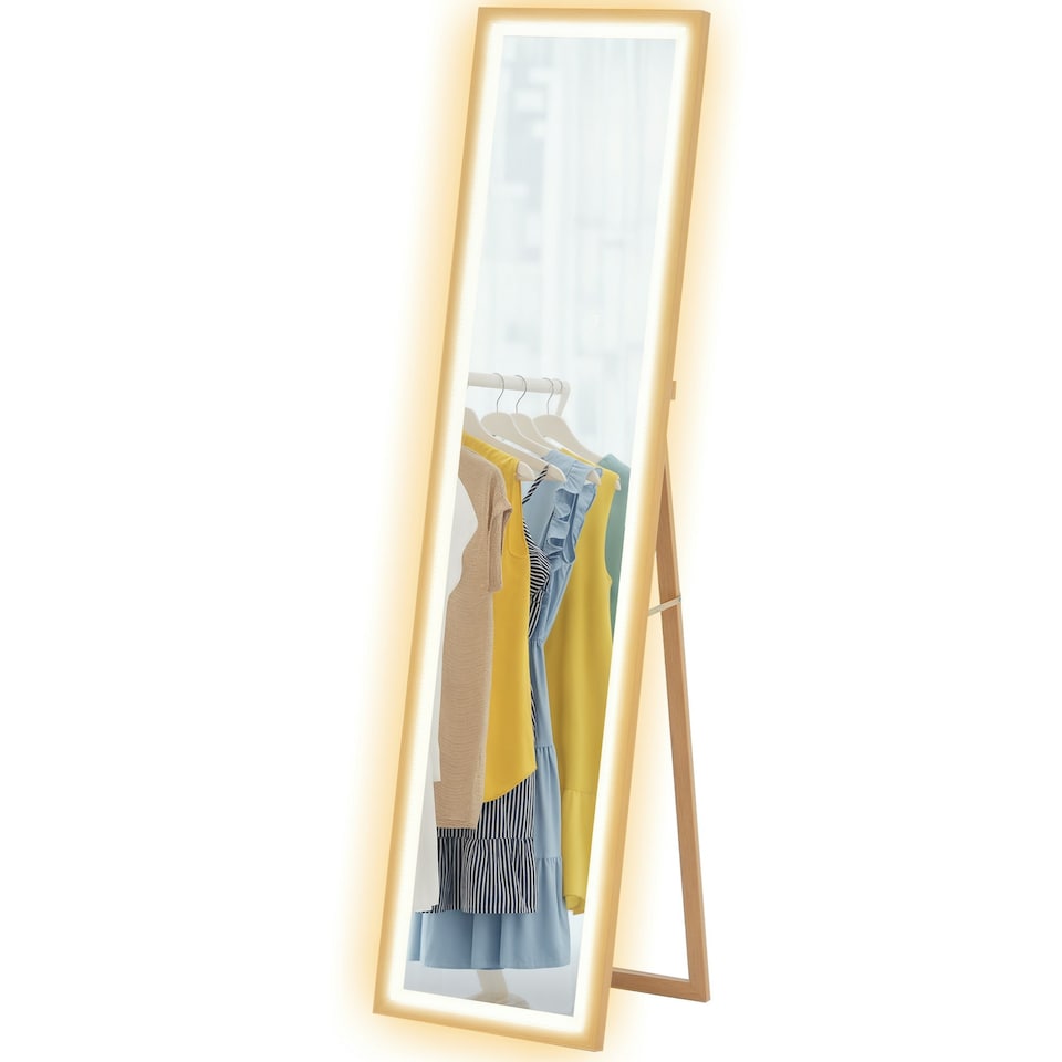image 1 of HOMCOM Dimming Full Length Mirror w/ Lights Standing Leaning Wall Mount Oak