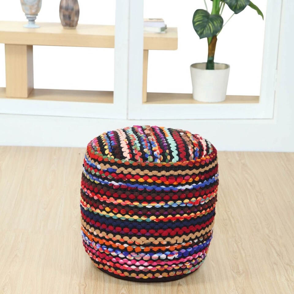 image 1 of Homescapes Multi Coloured Folk Woven Bean Filled Pouffe Circular - 45 cm | Multi | 45 x 40 cm