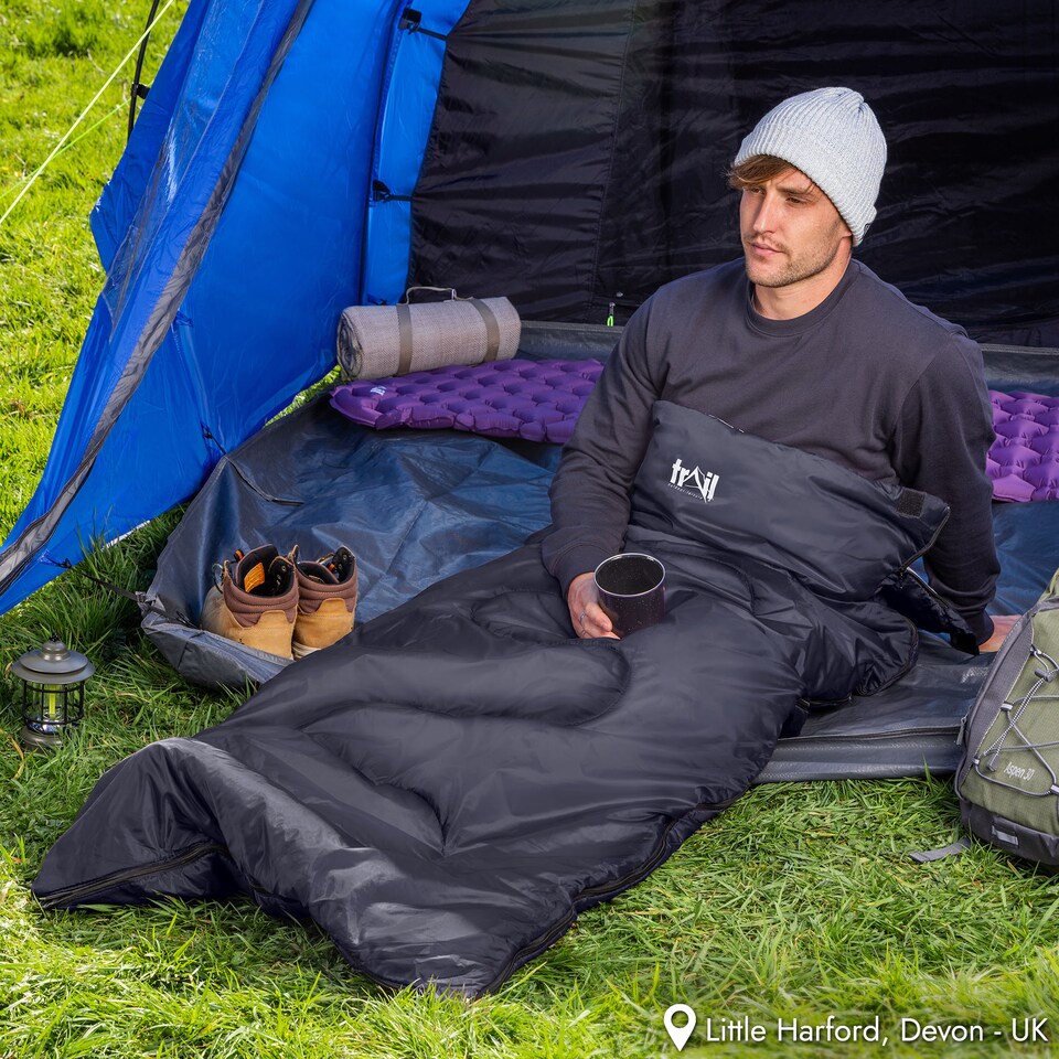 image 1 of Envelope Sleeping Bag 2 Season Single Adult Outdoor Camping 200gsm Trail | Black | Single | 1