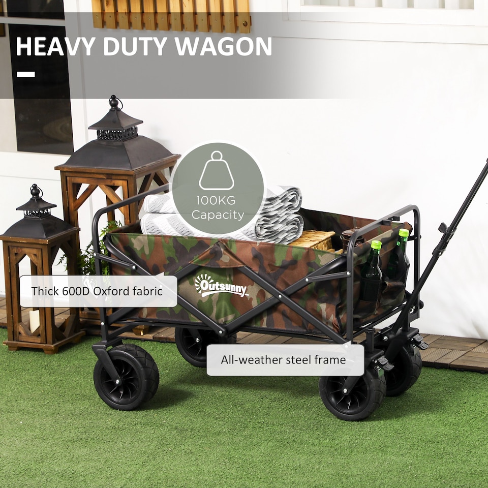 image 1 of Outsunny Foldable Garden Cart, Outdoor Utility Wagon with Carry Bag, Camouflage