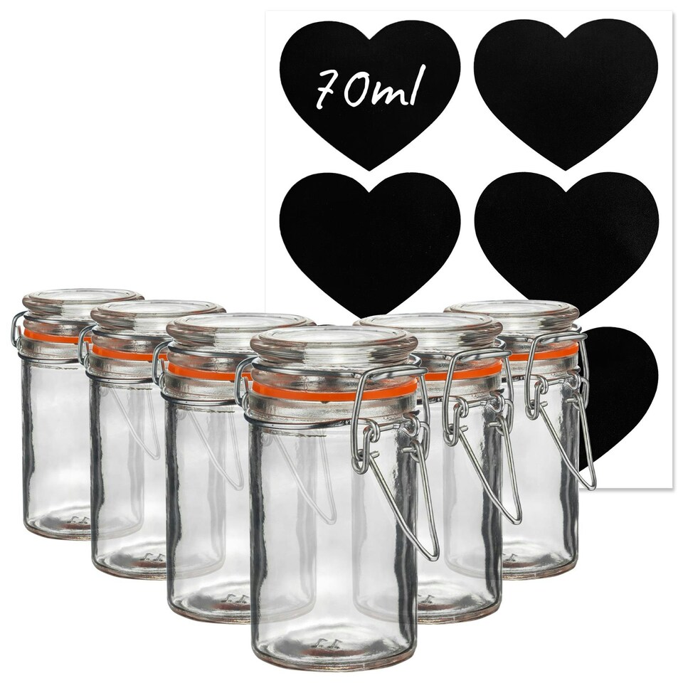image 1 of Argon Tableware Glass Storage Jars with Heart Labels - 70ml - Clear - Pack of 6
