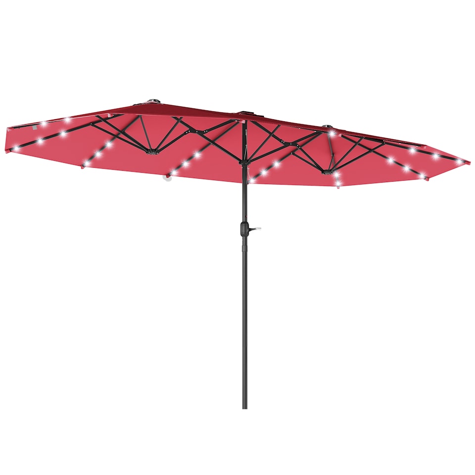 image 1 of Outsunny 4.4m DoubleSided Sun Umbrella Garden Parasol Patio Sun Shade Outdoor with LED Solar Light, NO BASE INCLUDED, Wine Red