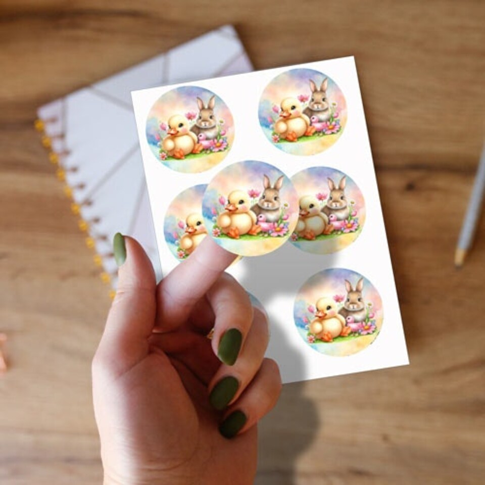 image 1 of Easter Bunny and Chick Round Stickers 88mm - Sheet of 6