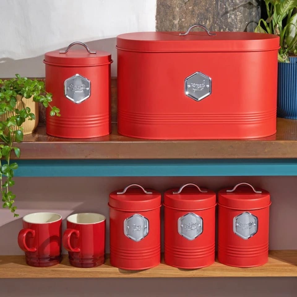 image 1 of Cooks Professional 5-Piece Kitchen Storage Set | Tea Coffee Sugar Bread & Biscuit Cannisters | Red