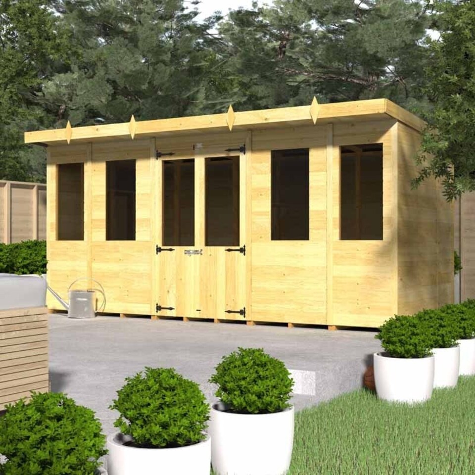 image 1 of 14ft x 4ft Pent Summer House - Wood - L118 x W417 x H201 cm | Brown