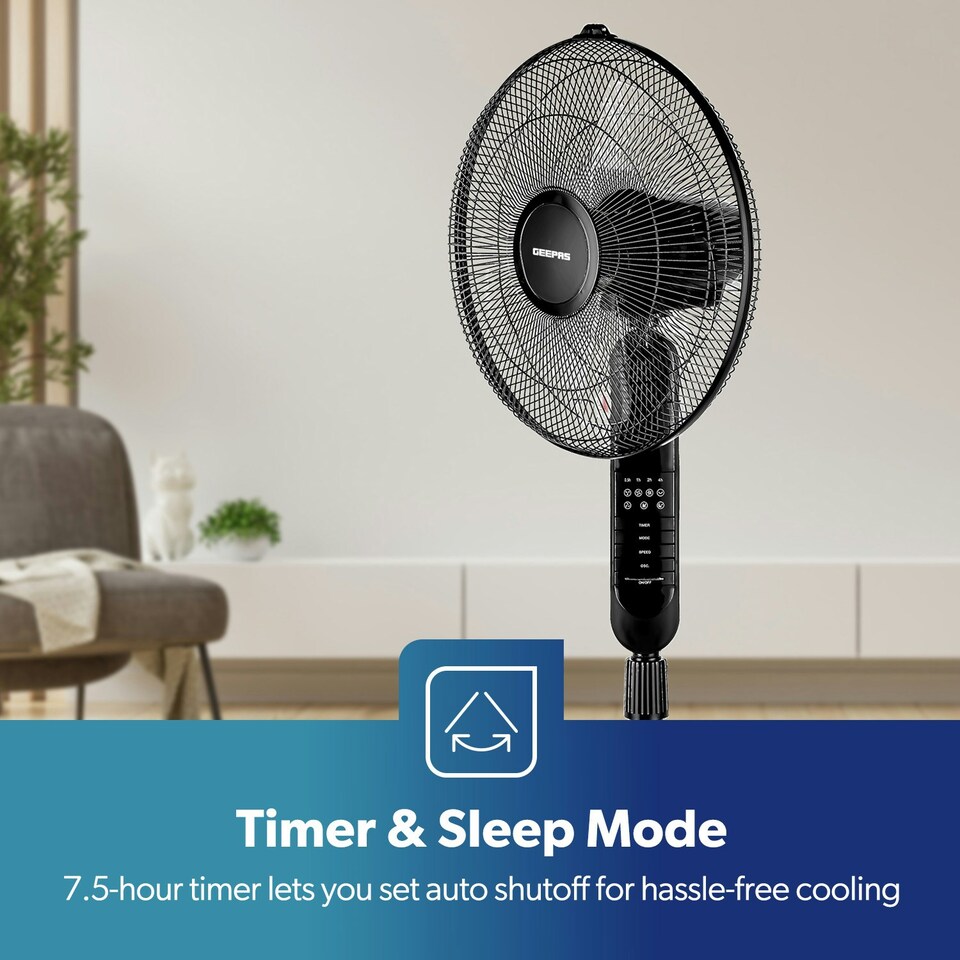 image 1 of GEEPAS 16’’ Pedestal Fan with Remote Control – 60W Free-Standing, Oscillating (Black)