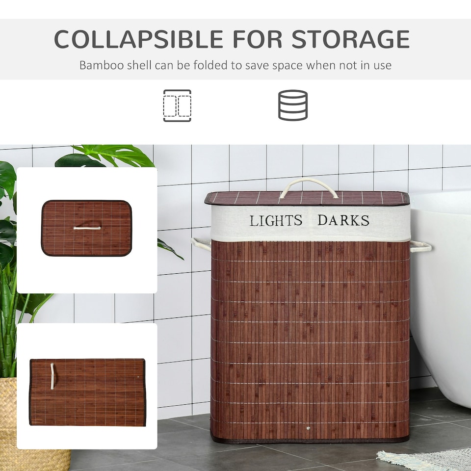 image 1 of HOMCOM 2 Section Collapsible Laundry Hamper Lid Removable Lining, Brown