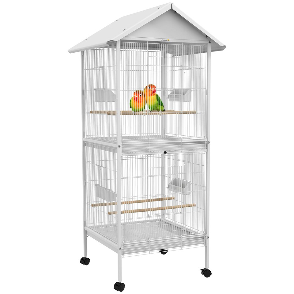image 1 of PawHut Metal Bird Cage Feeder, for Small and Medium Bird - White