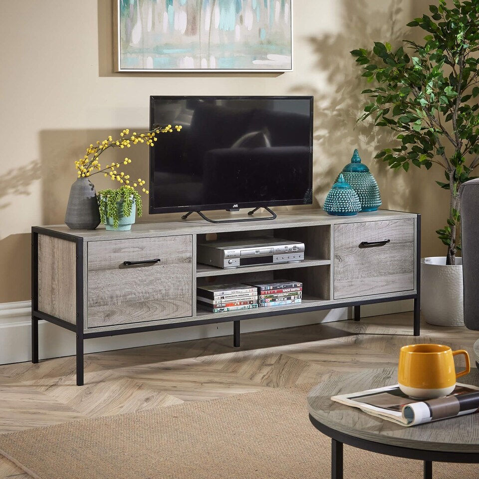 image 1 of TV Unit Media Stand Storage Cabinet Modern Oak Finish Cupboard and Shelf Storage | Grey