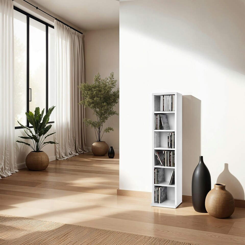 image 1 of CD DVD Storage Tower Media Display Unit Adjustable Shelves Wood Effect 102 CDs or 27 DVDs White