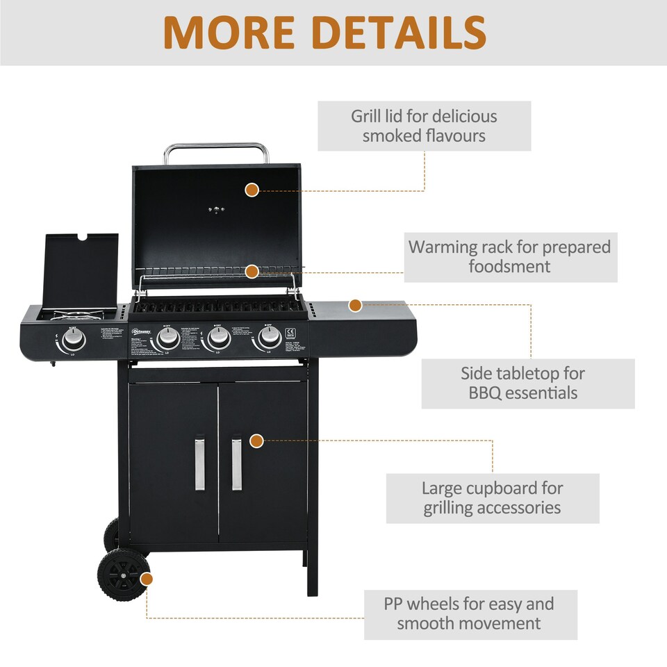 image 1 of Outsunny Deluxe Gas Barbecue Grill 3+1 Burner Garden BBQ w/ Large Cooking Area