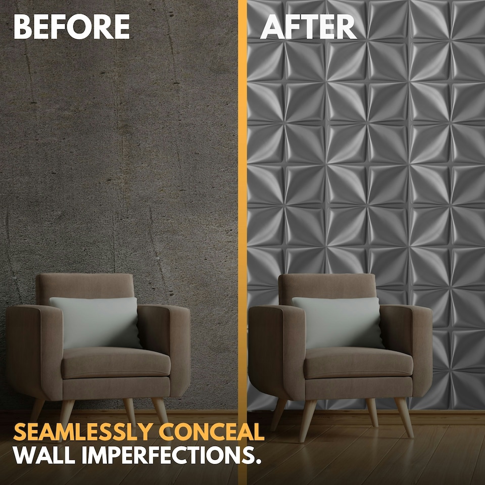 image 1 of NOVECRAFTO 3D Wall Panels – Quilted Fold Design – 6 PVC Sheets – 1.5m² (16.15sqft) – 50x50cm Decorative Interior Wall Cladding Panels Silver