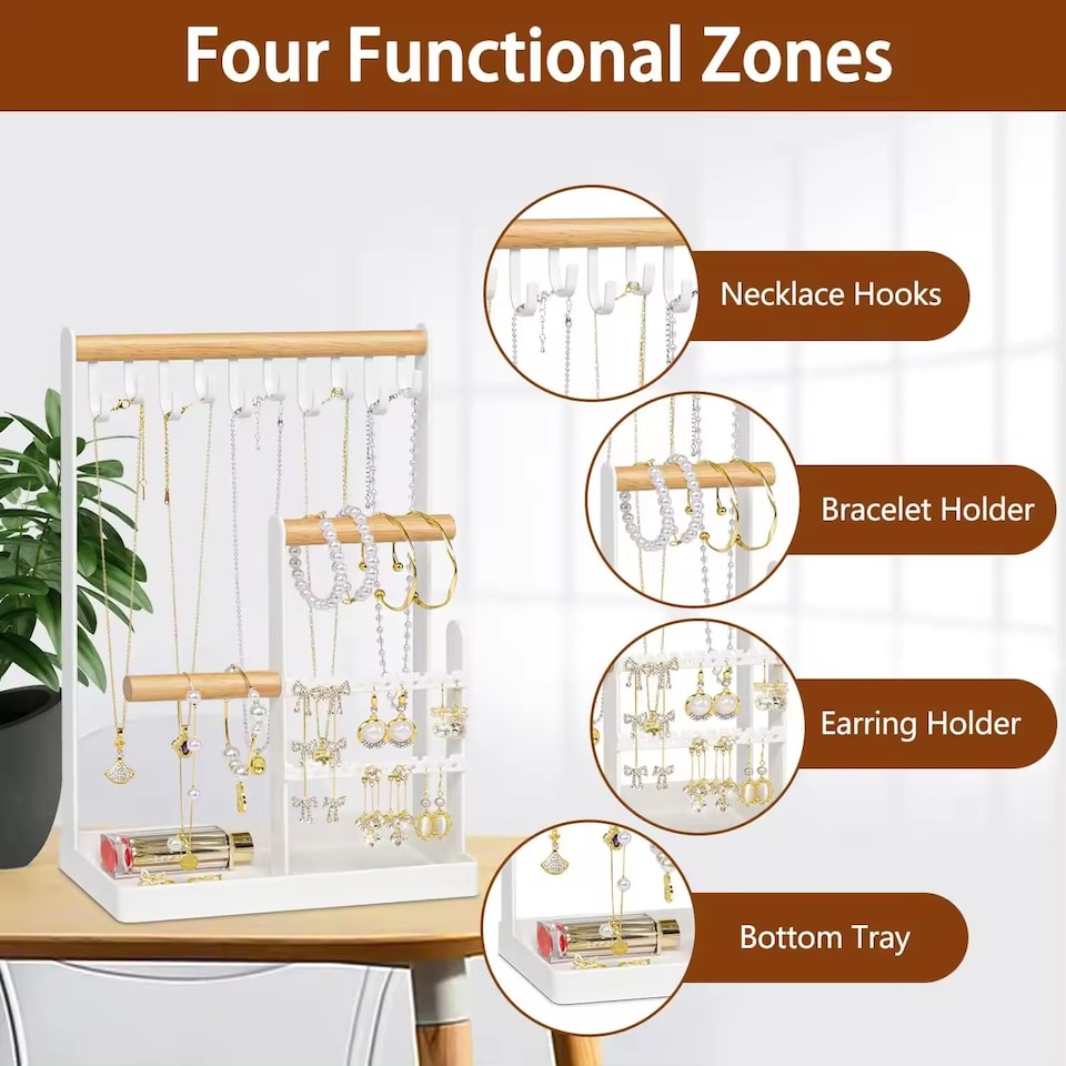 image 1 of Jewellery Stand Holder Wooden Ring Necklace Keys Organizer Tabletop Storage Tray