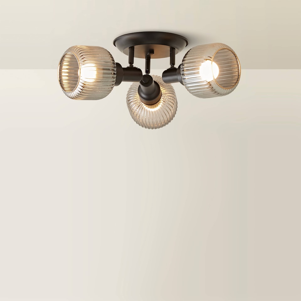 image 1 of ValueLights Calpe 3 Way Black Ceiling Light Ribbed Smoked Shades