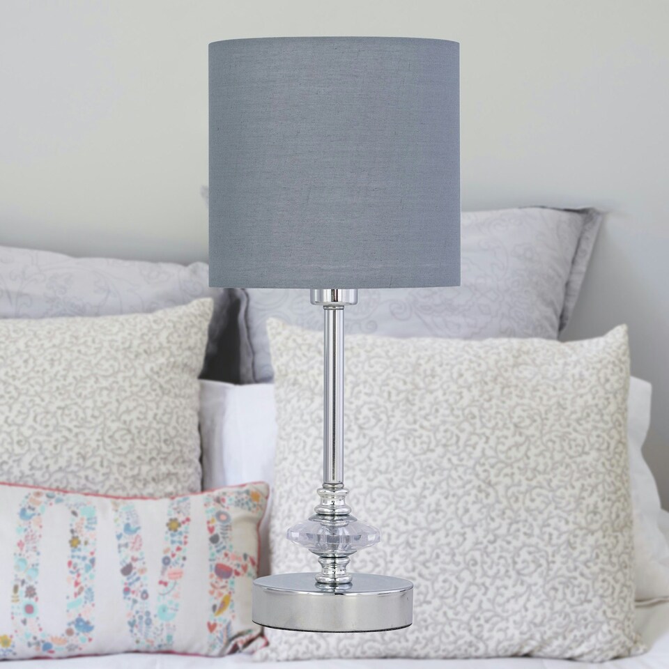 image 1 of Chrome Jewelled Table Lamp with Grey Cotton Shade Chrome | Grey