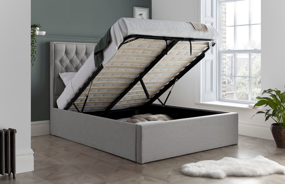 image 1 of Wilson Grey Fabric Ottoman Bed And Memory Maestro Memory Foam Mattress Double | Grey