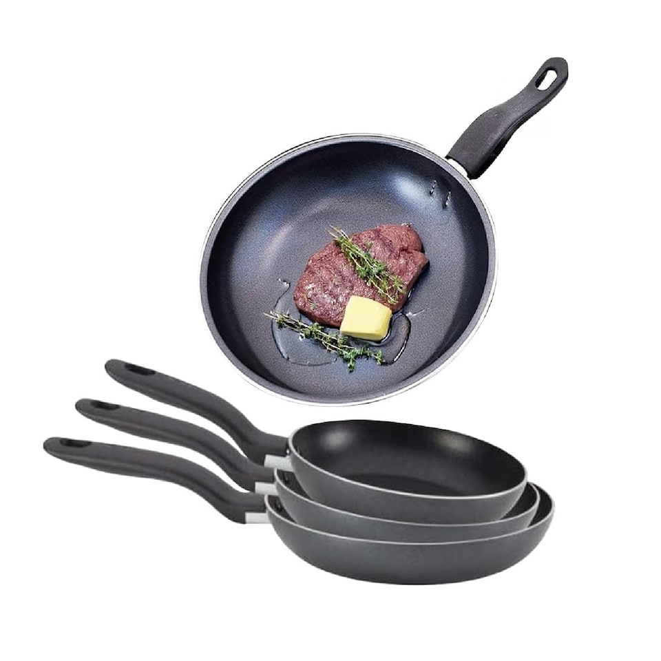 image 1 of Set Of 3 Frying Pan Non Stick Fry Kitchen Eggs Breakfast Dinner Pasta Cookware Set