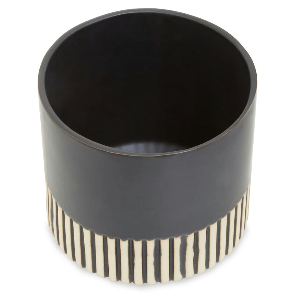 image 1 of Interiors by Premier Large Ceramic Planter, Modern Black and Gold Planter for Indoor Plants, Drum-shaped Ceramic Planter for Home Black