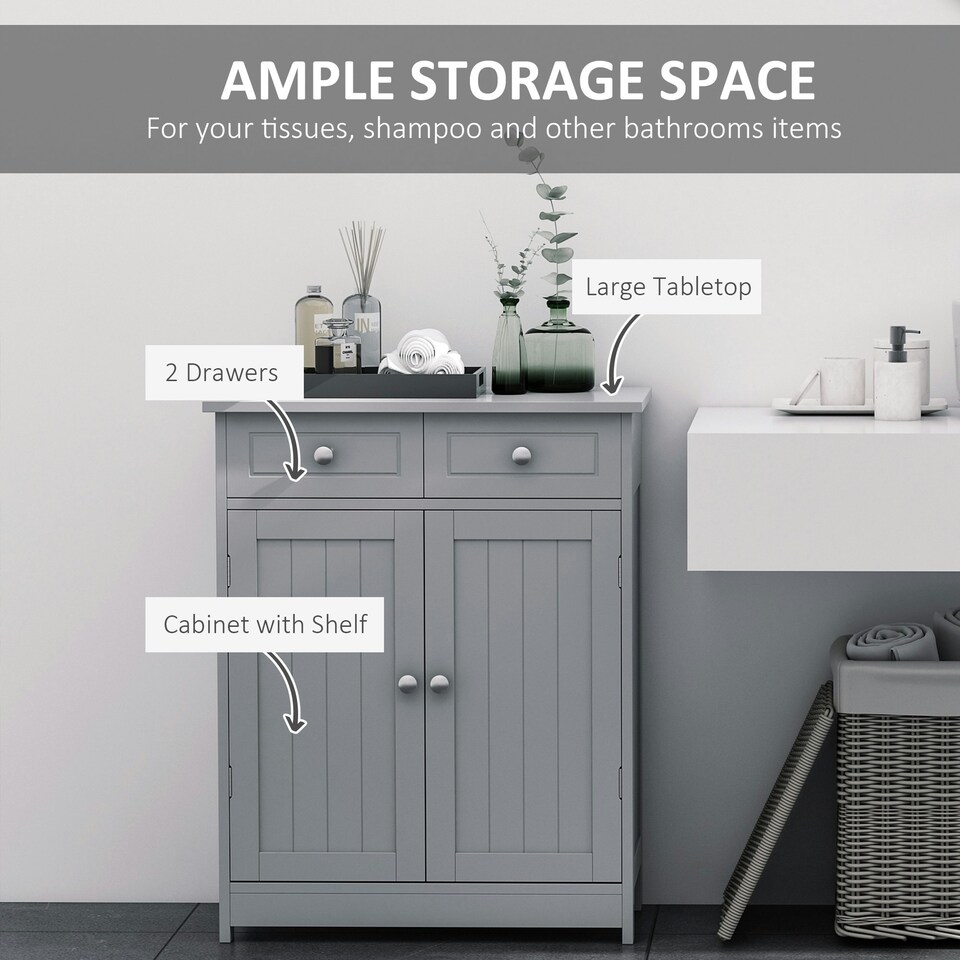 image 1 of kleankin Bathroom Floor Storage Cabinet w/ 2 Drawers Door Cupboard Grey