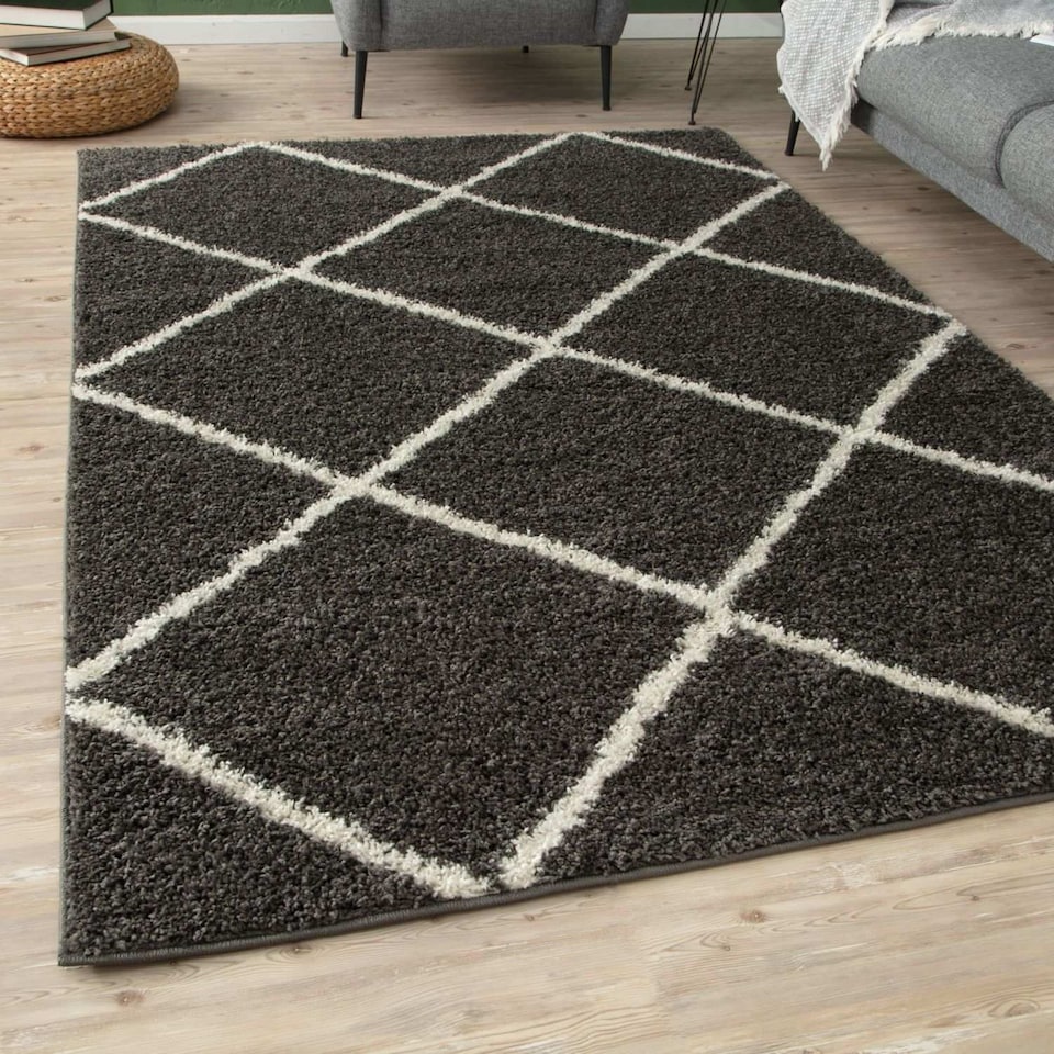 image 1 of The Rugs Moroccan Collection Soft High Pile Shaggy Diamond Floor Rugs and Runners Living Room