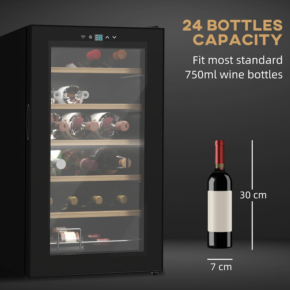 image 1 of HOMCOM 24 Bottle Wine Fridge, 65 Litre Capacity, 43cm Freestanding Wine Cooler Fridge with Glass Door, LED Light, Digital Touch Screen, Temperature Control, Black