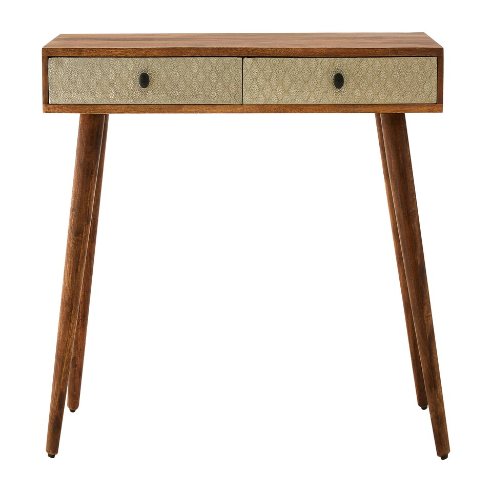 image 1 of Interiors by Premier Acacia Wood Console Table with Embossed Drawers, Travel-Inspired 2 Drawer Entryway Table Brown