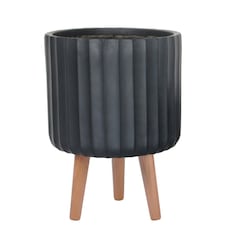 Modern Ribbed Black Cylinder Planter on Legs, Round Pot Plant Stand Indoor D24 H32 cm, 7.6 ltrs Cap.