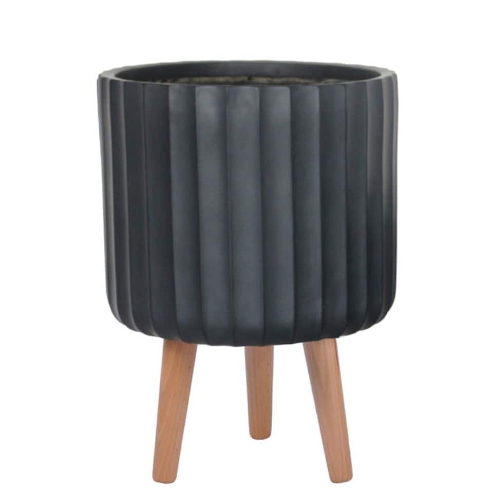 image 1 of Modern Ribbed Black Cylinder Planter on Legs, Round Pot Plant Stand Indoor D24 H32 cm, 7.6 ltrs Cap.