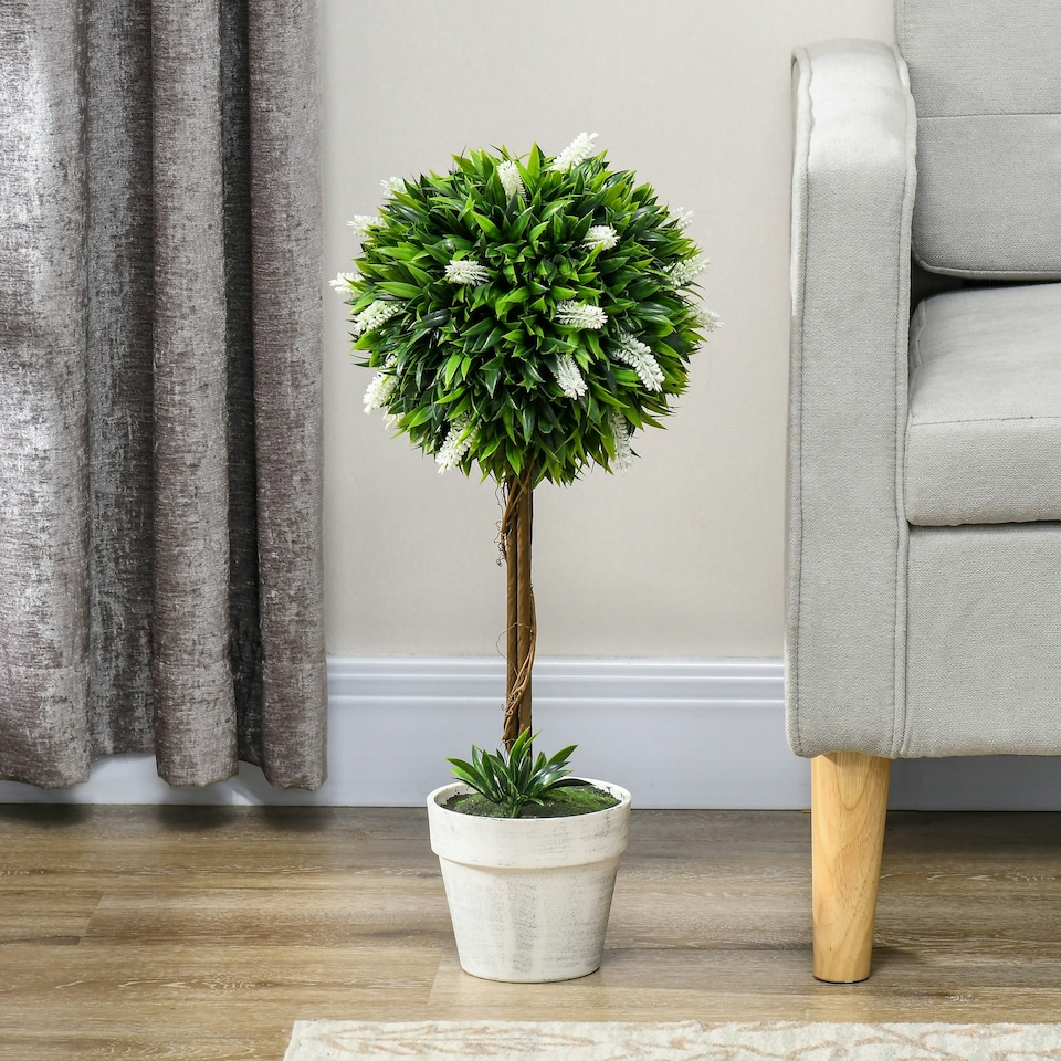 image 1 of HOMCOM Set of 2 Potted Artificial Plants Ball Tree with Flowers, Pink