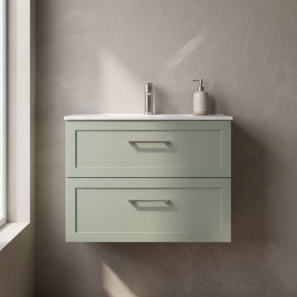 image 1 of Balterley Stonnall Traditional Wall Hung 2 Drawers Vanity Unit with Minimalist Ceramic Basin, 800mm, Reed Green