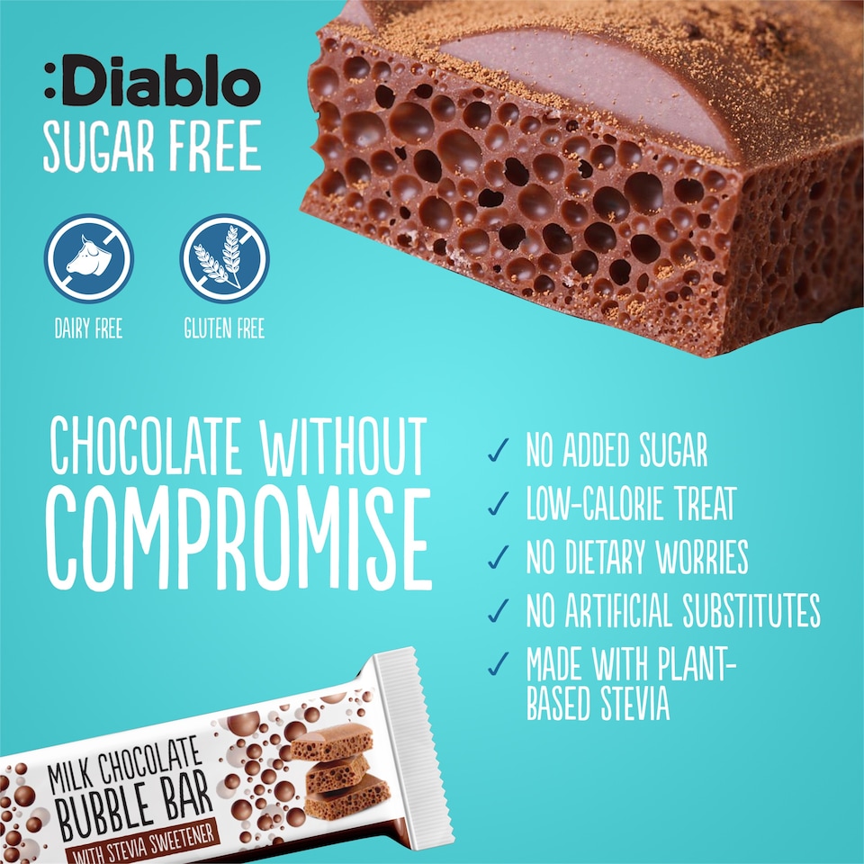 image 1 of Diablo No Added Sugar Milk Chocolate Bubble Bar 30g 6 Pack