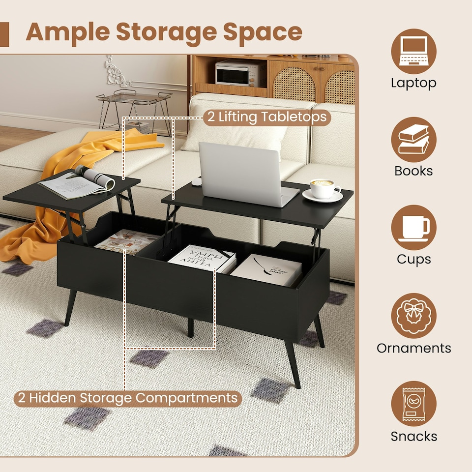 image 1 of COSTWAY Lift Top Coffee Table w/Storage Compartments Black Black