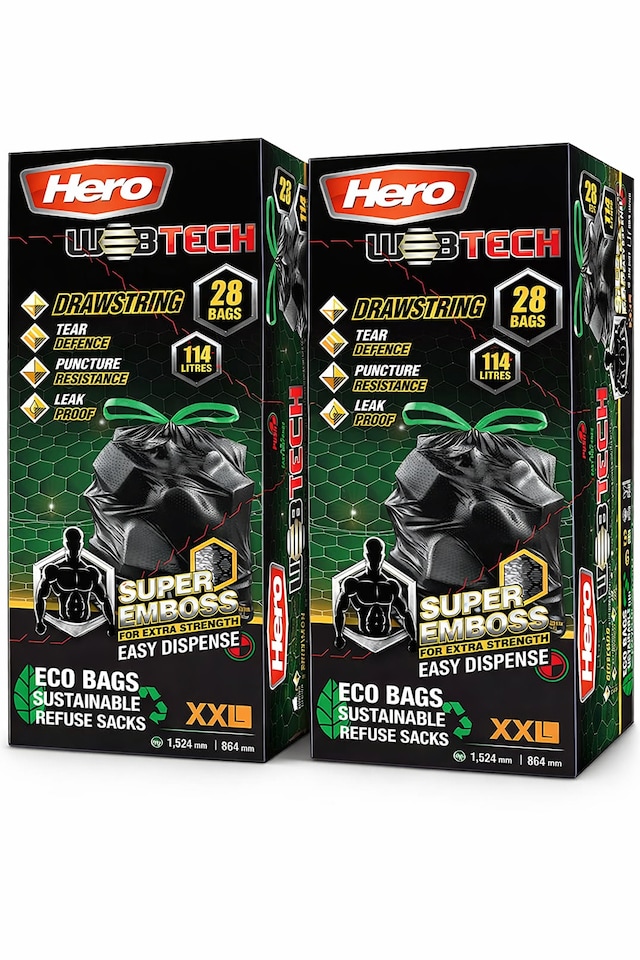 image 1 of Hero Webtech Super Strong Black Embossed Drawstring Bin Bags 114L – 28 Heavy Duty Tear-Resistant Refuse Sacks
