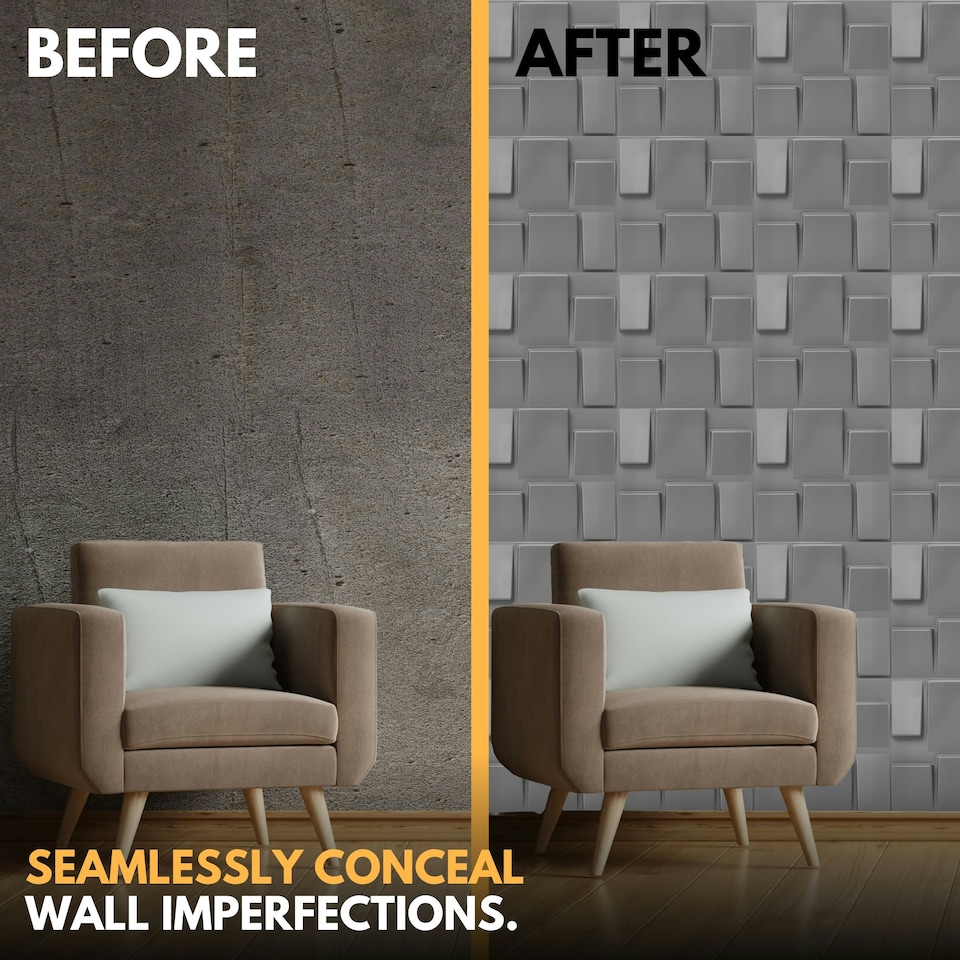 image 1 of NOVECRAFTO 3D Geometric Wall Panels – Matt White Squares Design – 6 PVC Sheets – 1.5m² (16.15sqft) – Interior Cladding Wall Tile Effect | White