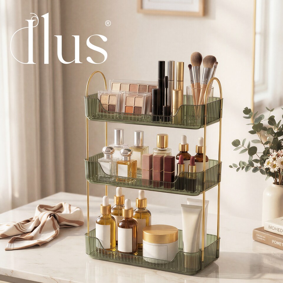 image 1 of ilus Makeup Organiser Modern Minimalist 3-Tier Cosmetic Storage Rack Beauty | Green | Green