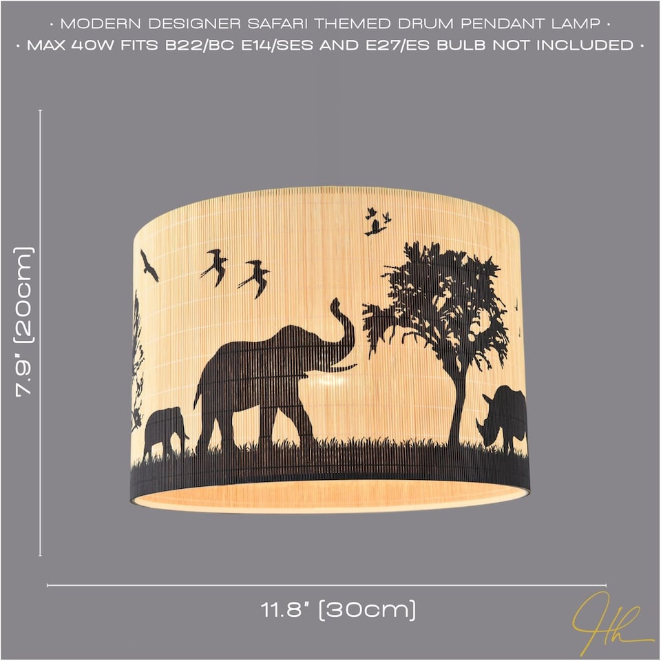 image 1 of Modern Safari Bamboo Pendant Light Shade with Black Animals and Trees | Brown | Brown | 1