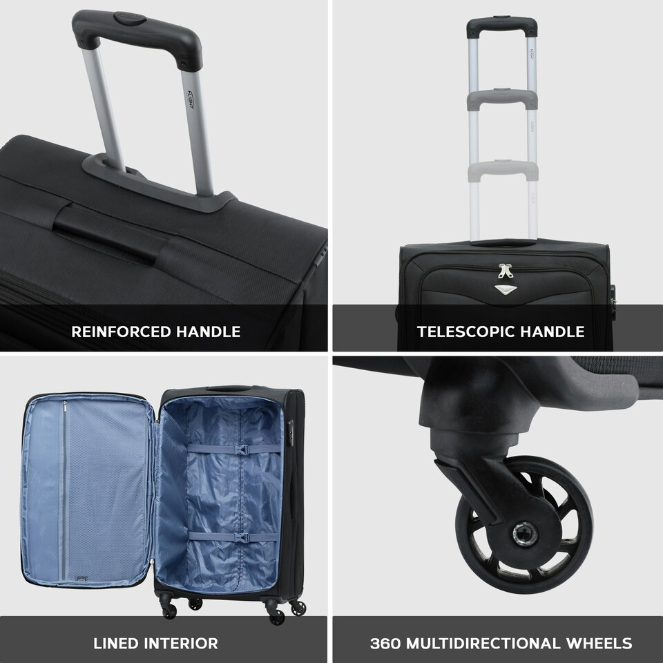 image 1 of Flight Knight Lightweight 4 Wheel 800D Soft Case Suitcases Anti Crack Cabin & Hold Luggage Options 100 Airlines Approved - Including easyJet, BA & Many More! Black | Black | Large