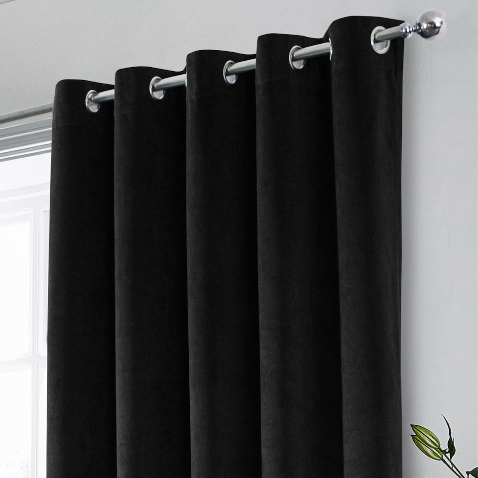 image 1 of Luxury Enhanced Living Black Velvet, Supersoft, 100% Blackout, Thermal Pair of Curtains with Eyelet Top - 90x108 inch (229x274cm)