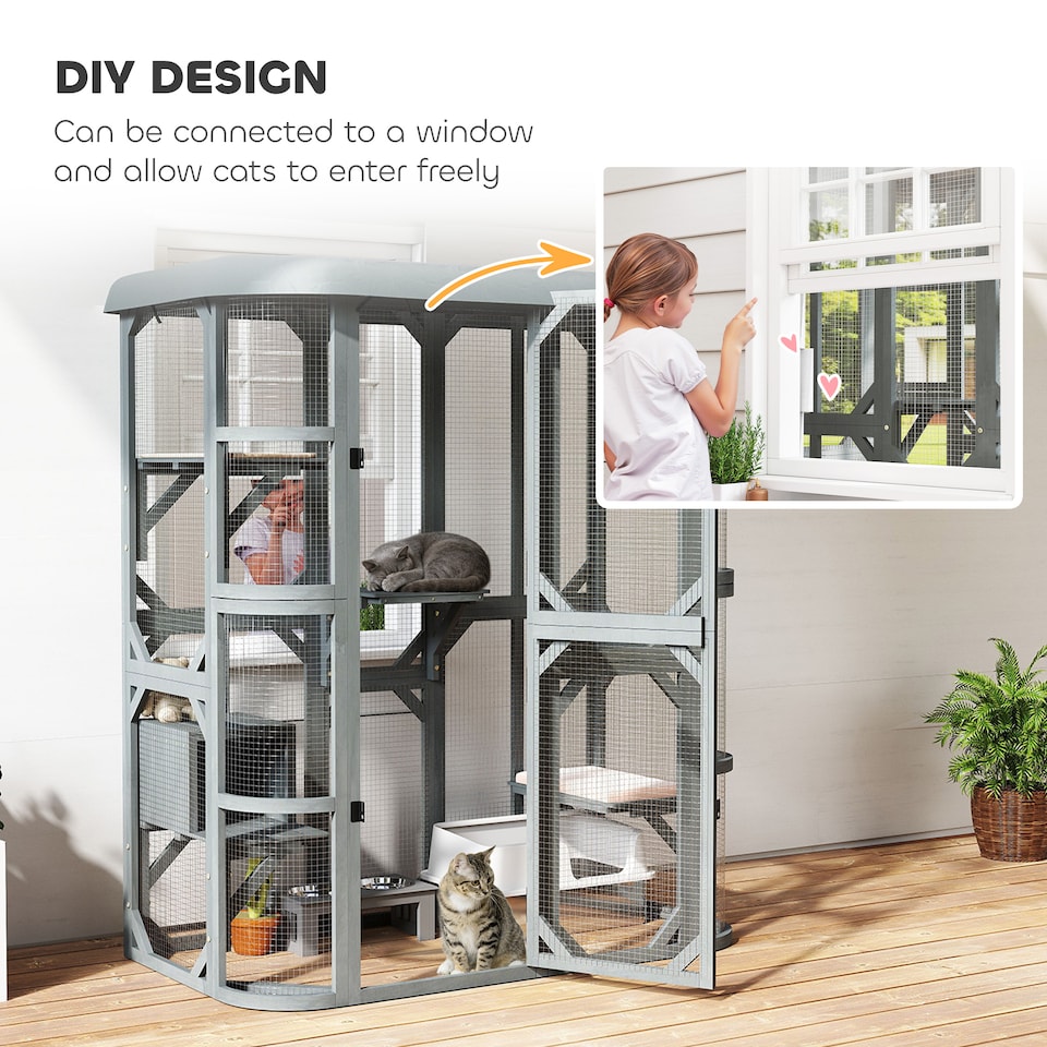 image 1 of PawHut Walk-in Catio, Outdoor Cat Enclosure with 4 Jumping Platforms, Condo and Waterproof Cover, Outdoor Indoor Large Cat House for 2-3 Kittens ,Grey