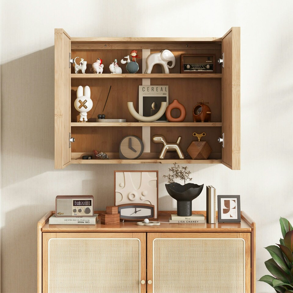 image 1 of COSTWAY Bathroom Wall Cabinet Double Door Medicine Storage Brown
