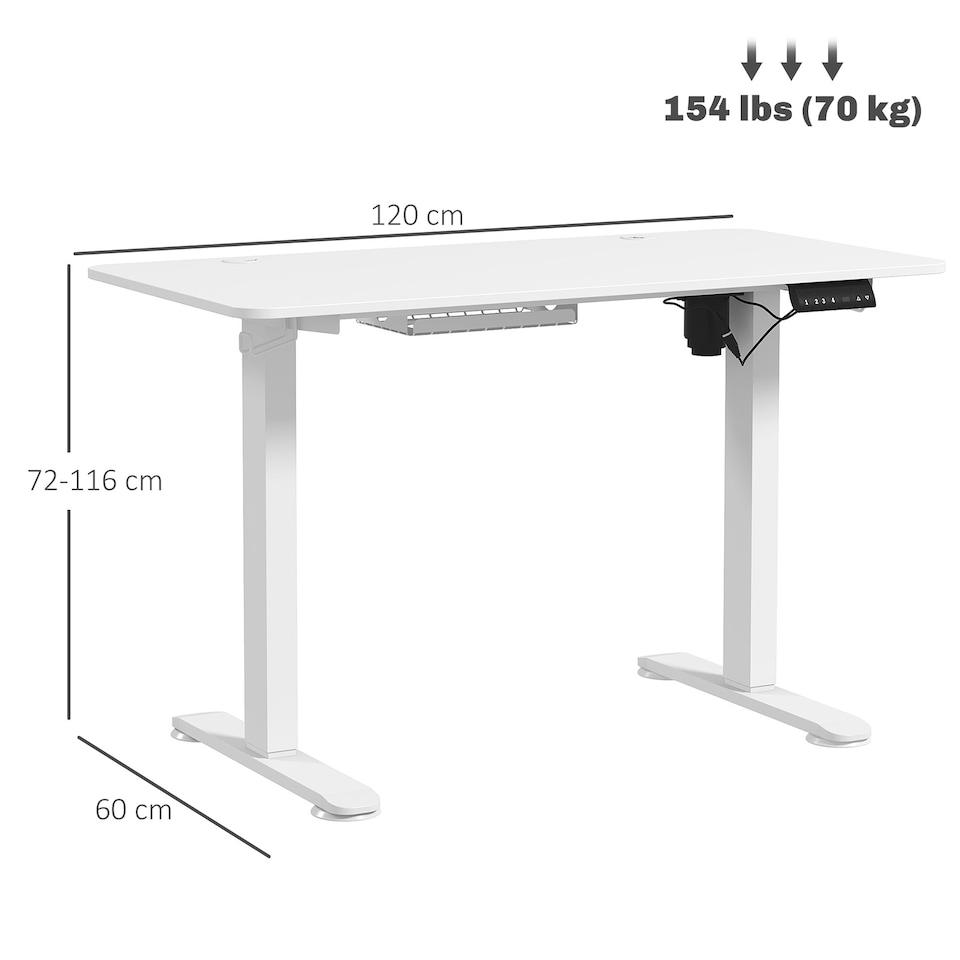image 1 of Vinsetto Electric Standing Desk, 120 x 60cm Height Adjustable Sit Stand Desk with 4 Memory Presets, Collision Avoidance and Overheat Protection for Home Office, White
