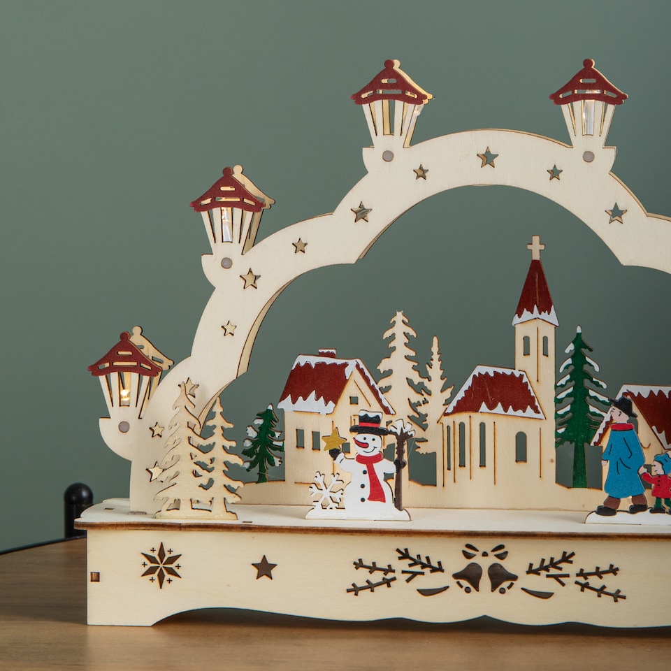image 1 of 28cm Battery Operated Wooden Christmas Festive Village with LEDs