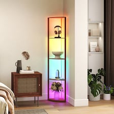 HOMCOM RGB LED Floor Lamp with Shelves, 5-Tier Dimmable Standing Lamp with Adjustable Brightness and Remote Control, Modern Corner Display Shelf Unit for Living Room Bedroom Office, Brown | Brown