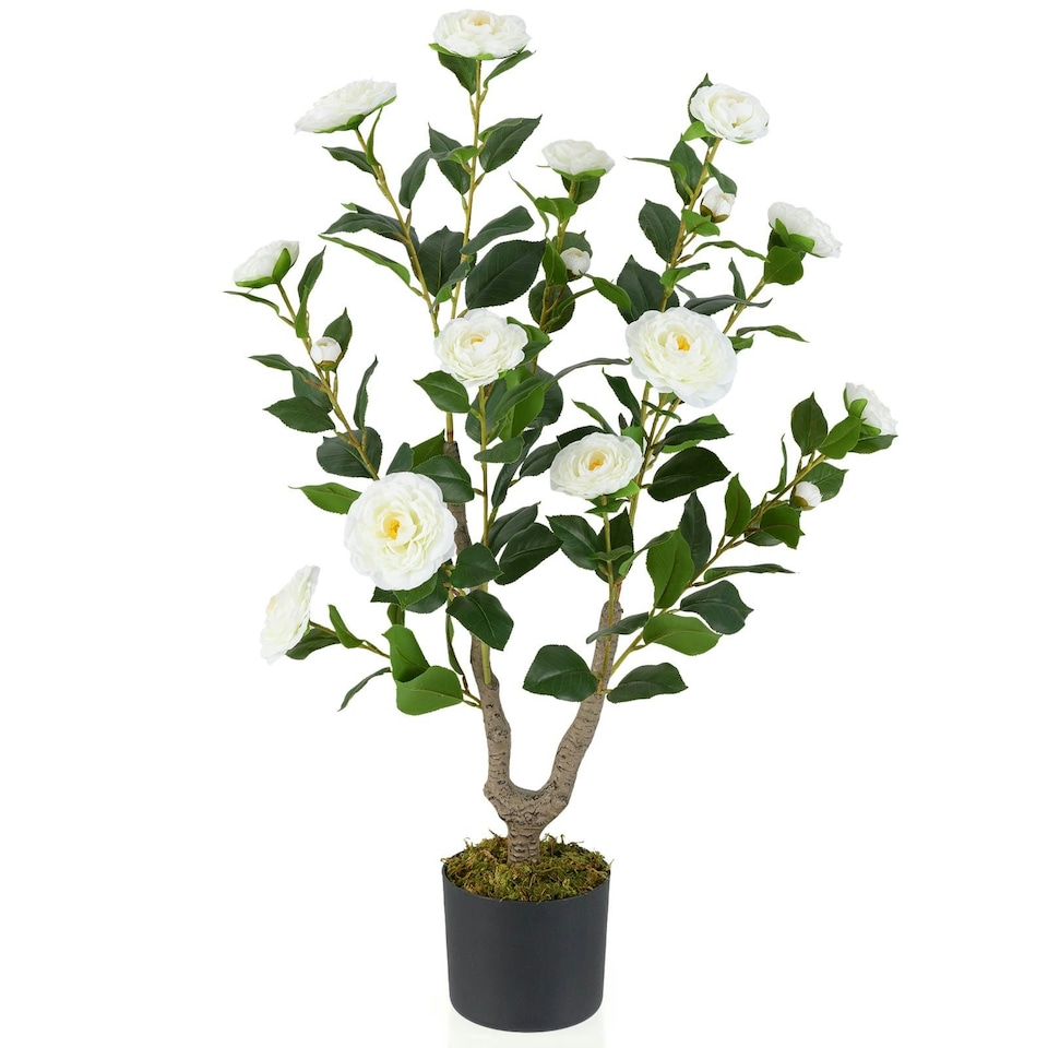 image 1 of COSTWAY 90CM Artificial Camellia Tree Faux Flower Plant White | One Size