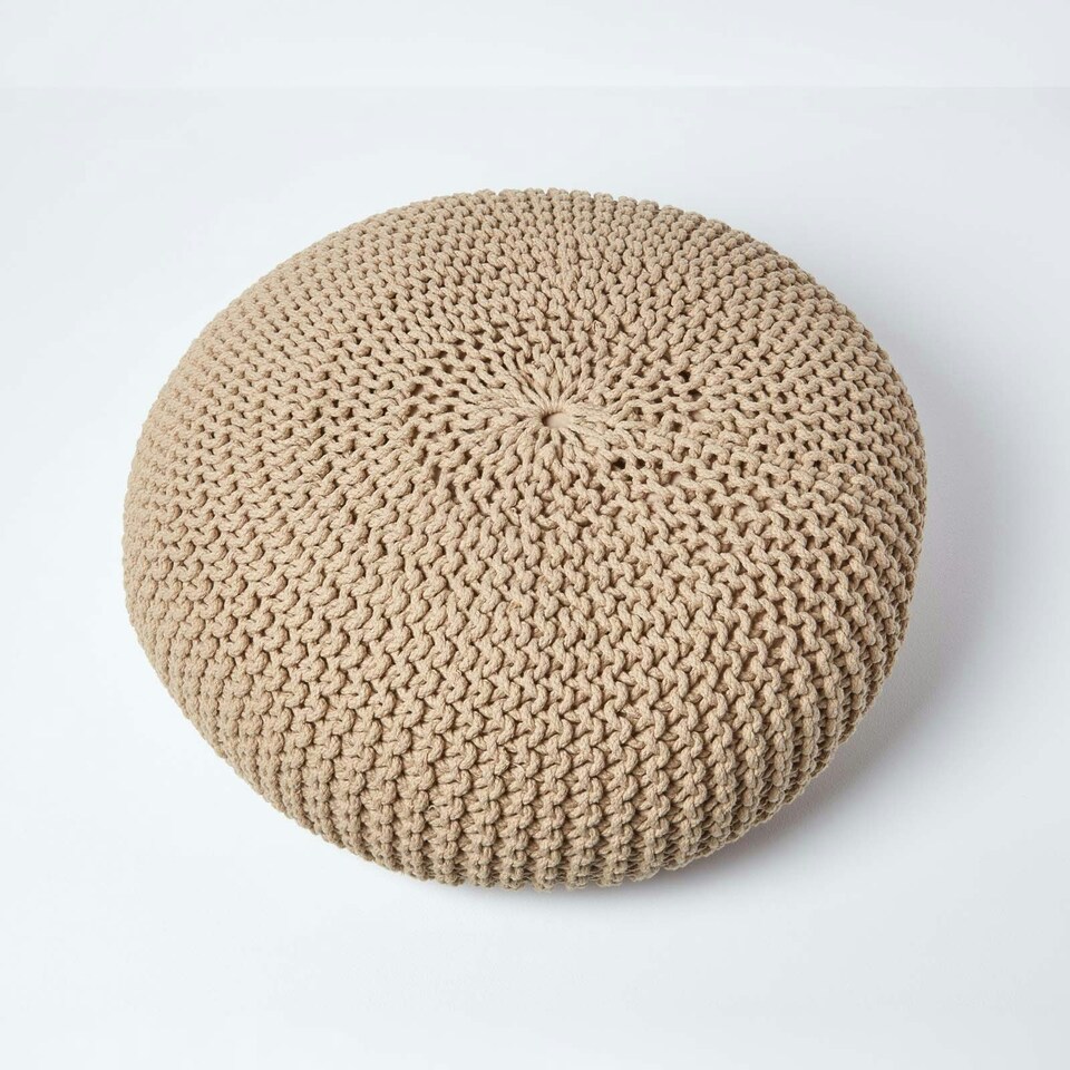 image 1 of Homescapes Linen Large Round Cotton Knitted Pouffe Footstool