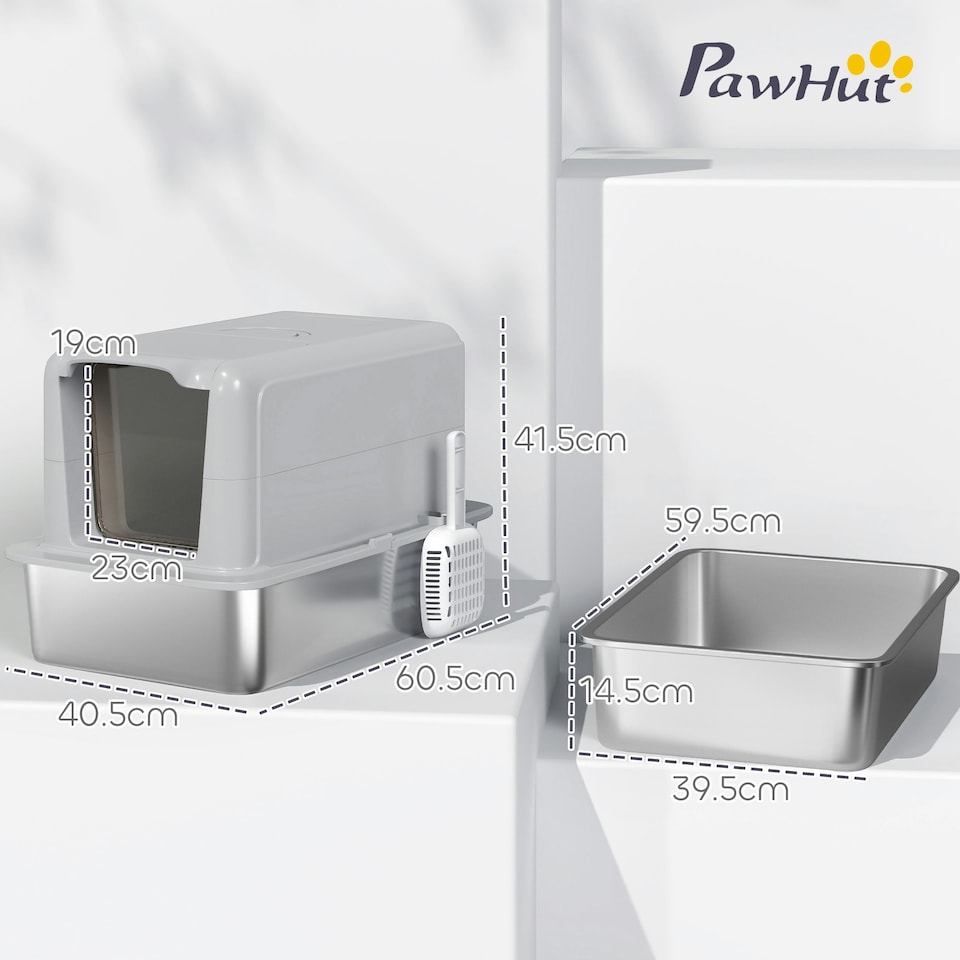 image 1 of PawHut Stainless Steel Cat Litter Box with Removable Lid, Scoop | Grey | One Size