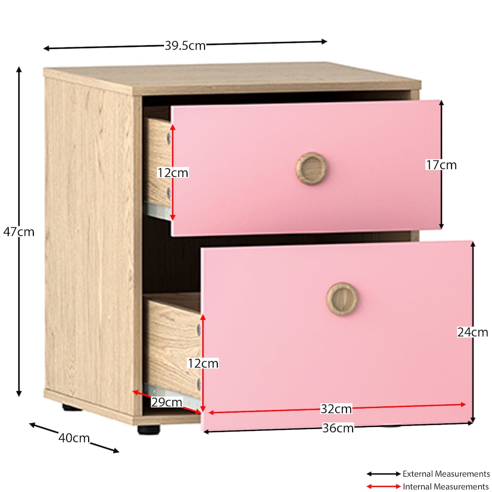 image 1 of Junior Vida Neptune 2 Drawer Bedside Table Chest Cabinet Nightstand, Pink & Oak
